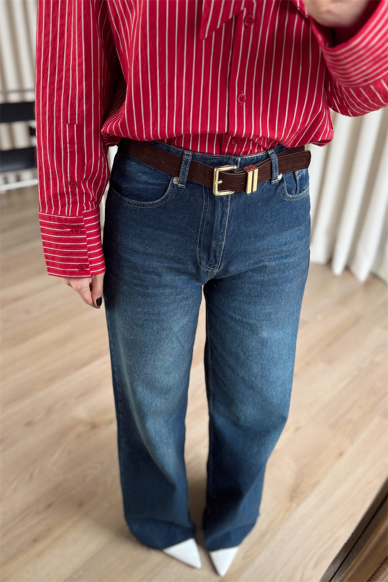 Koyu Mavi Kemerli Bol Paça Premium Jean