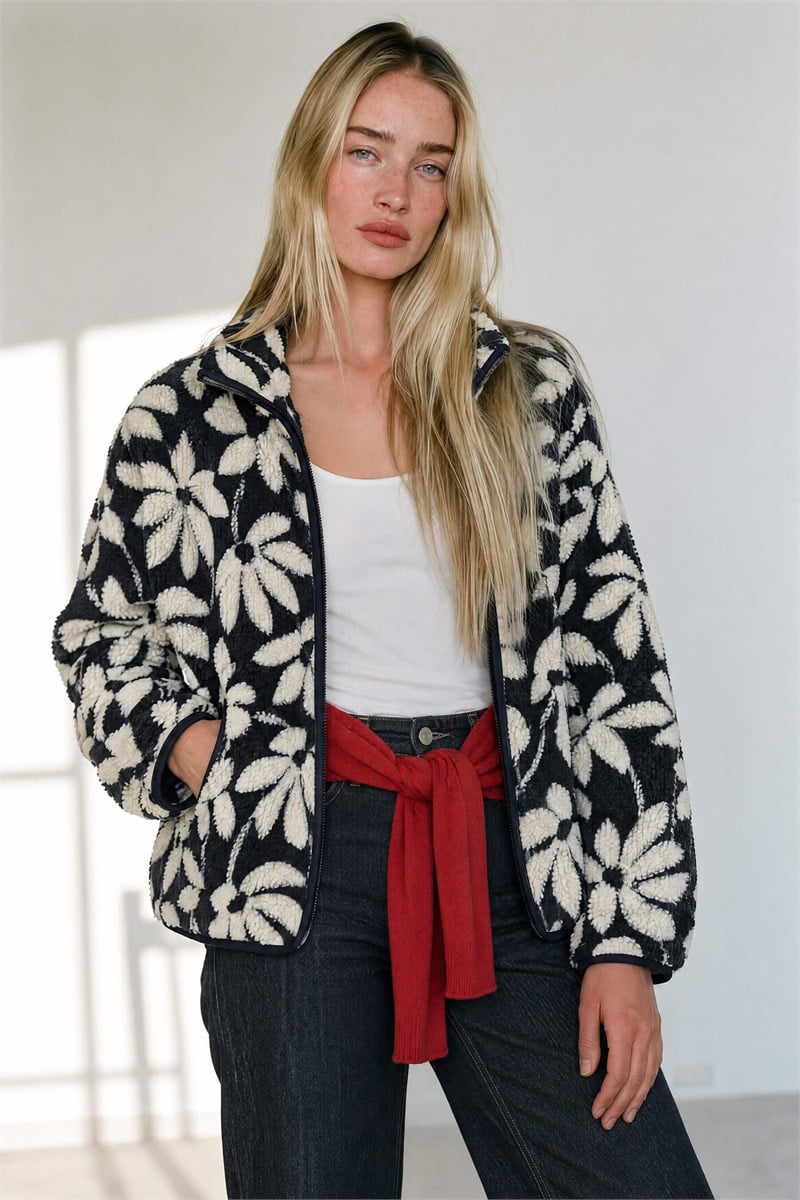 Lacivert Ekru Papatya Desenli Fermuarlı Oversize Peluş Sweatshirt