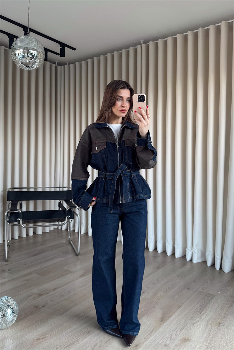 Lacivert Kahve Fermuarlı Ceket Pantolon Denim Takım