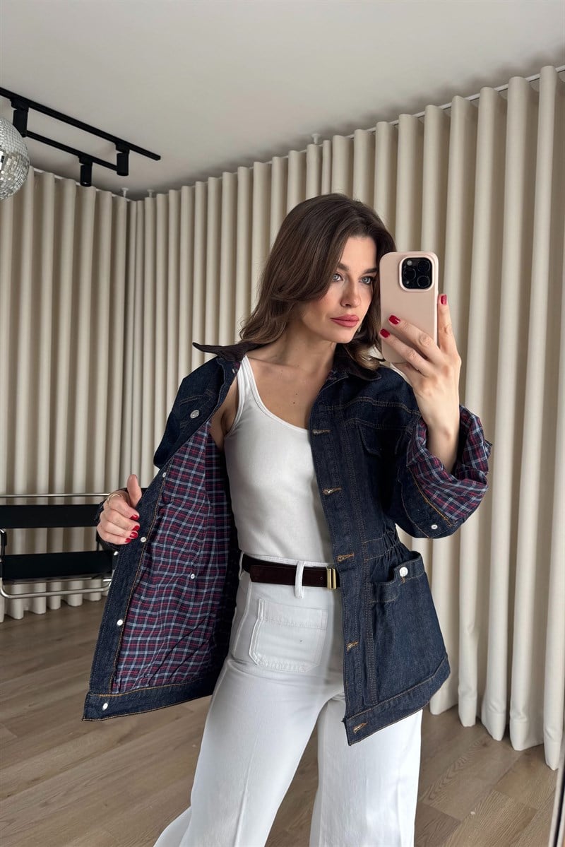 Lacivert Kahve Kadife Yaka Beli Lastikli Ceket