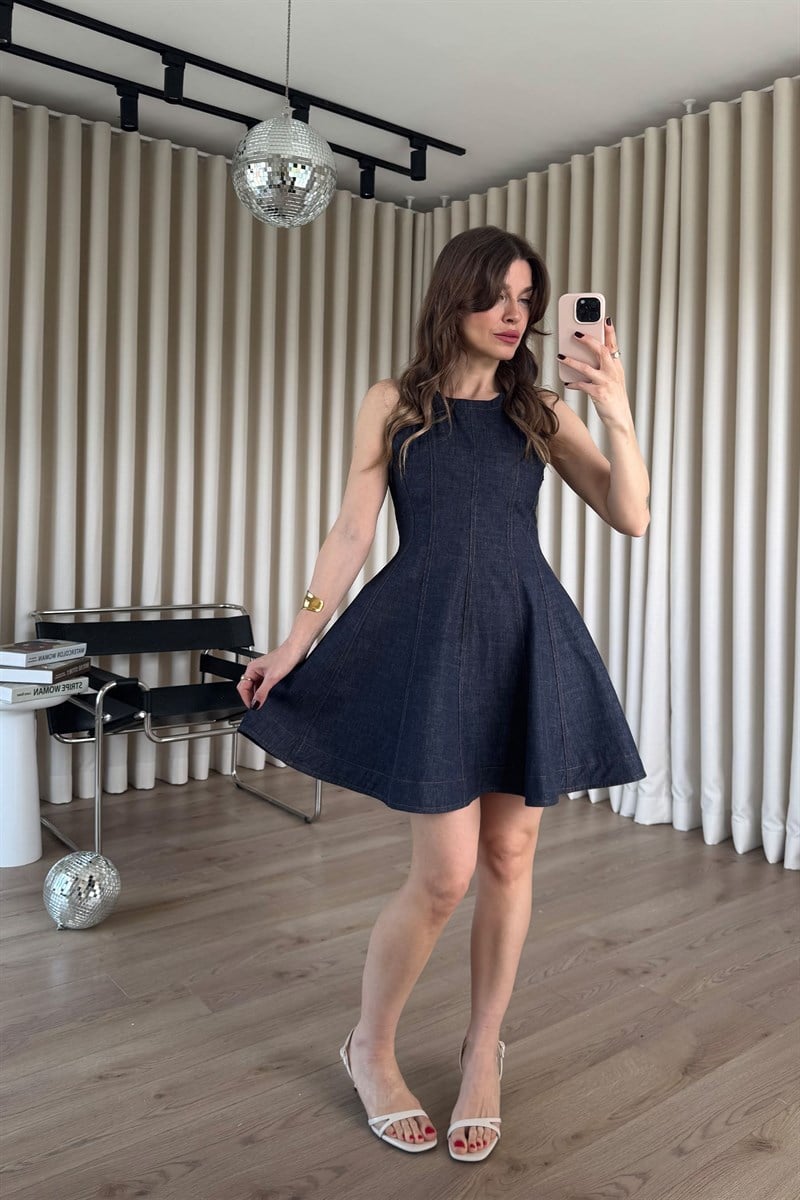 Lacivert Kolsuz Kloş Kesim Denim Mini Elbise