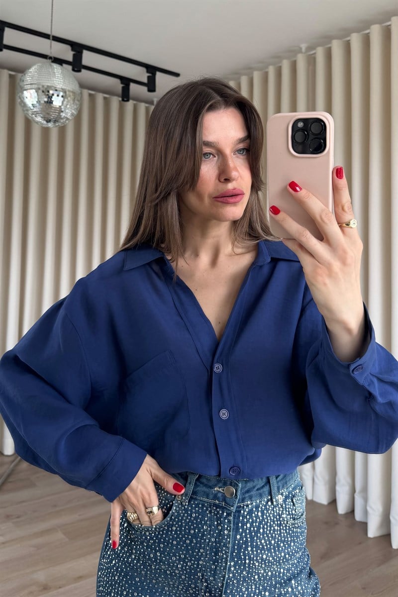 Lacivert Oversize Modal Kumaş Gömlek