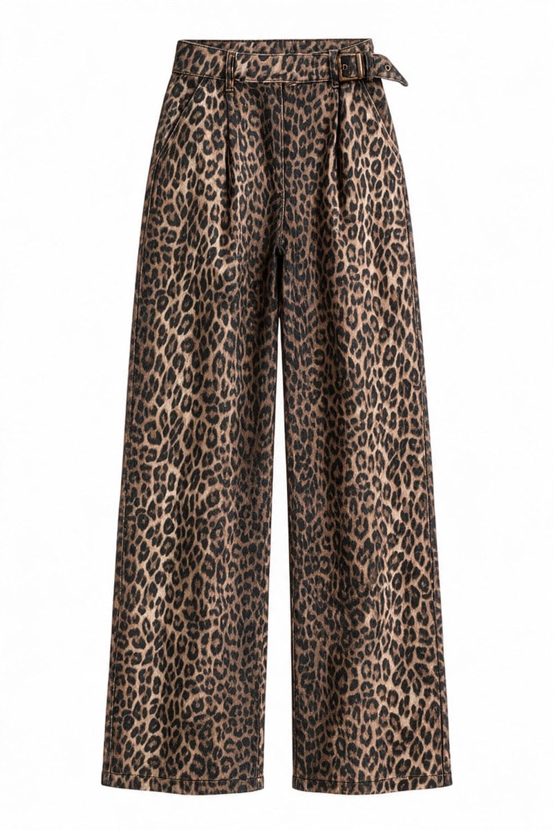 Leopar Desenli Ultra Yüksek Bel Bol Paça Toka Detaylı Denim Pantolon