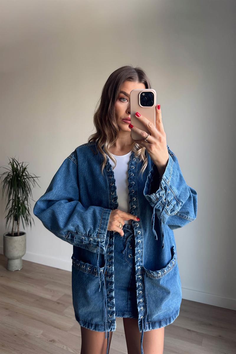 Mavi Kuş Gözü Detaylı Denim Etek Ceket Takım