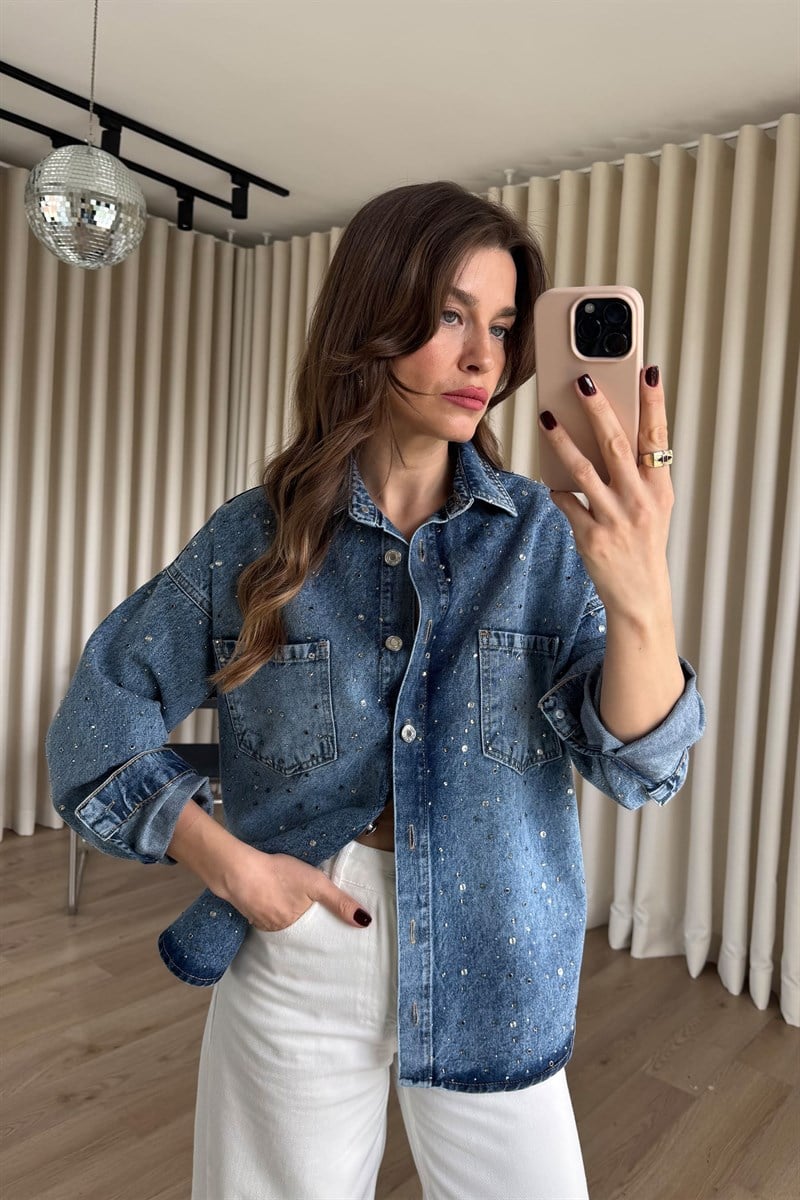 Mavi Taşlı Düğmeli Kot Gömlek