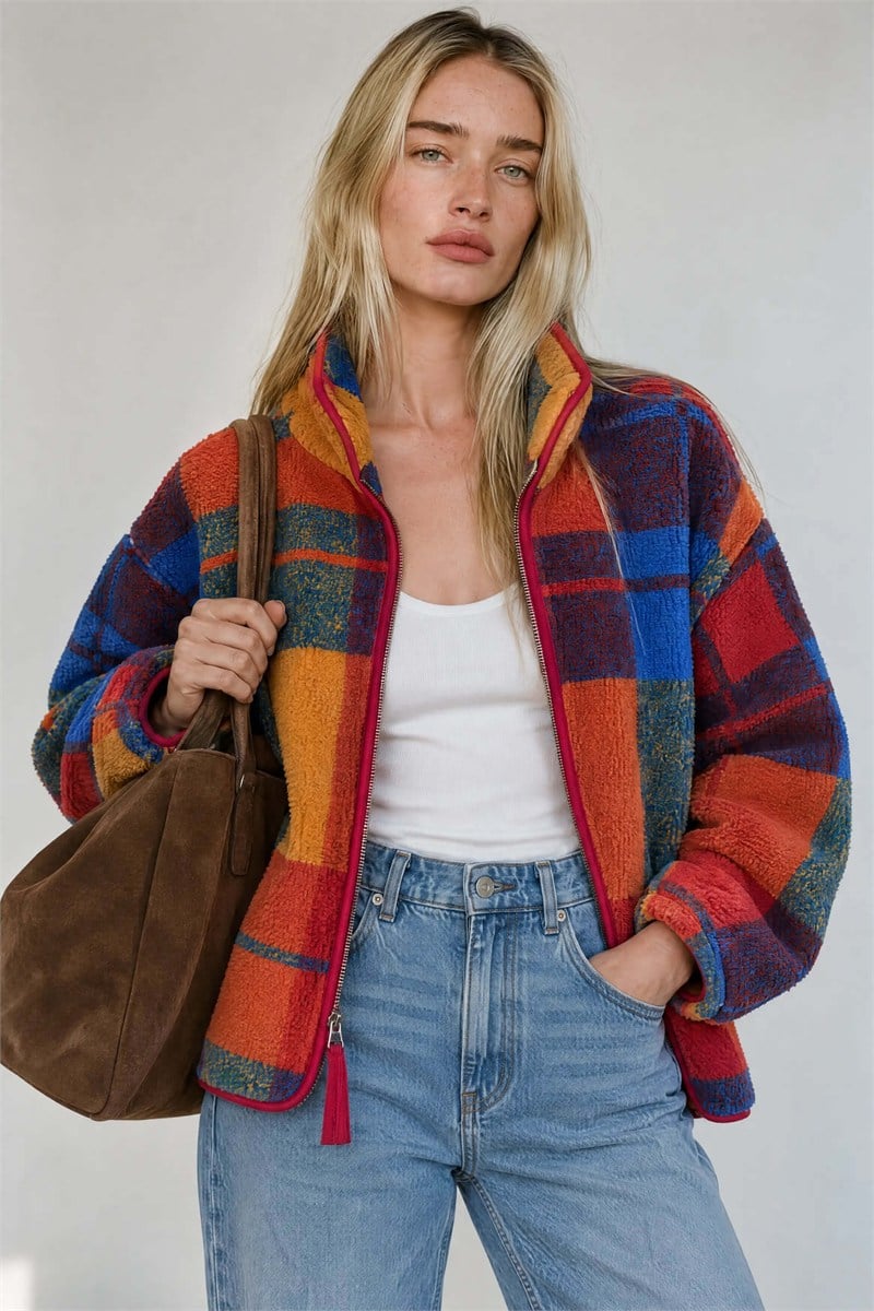 Mavi Turuncu Kırmızı Biyeli Fermuarlı Oversize Peluş Sweatshirt.  ÖN SİPARİŞE AÇILMIŞTIR. 15.10.2026 TARİHİNDE KARGOYA VERİLECEKTİR.