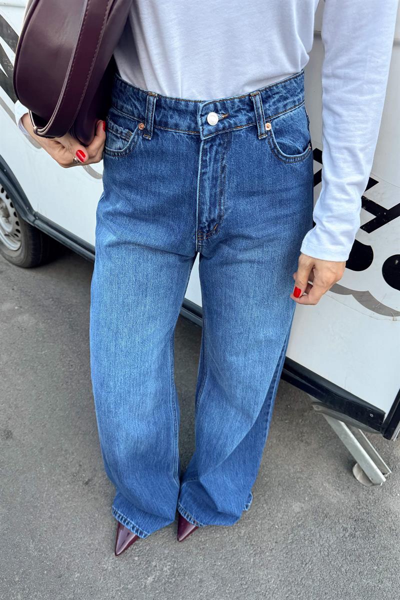 Mavi Yıkamalı Wide Leg Jean