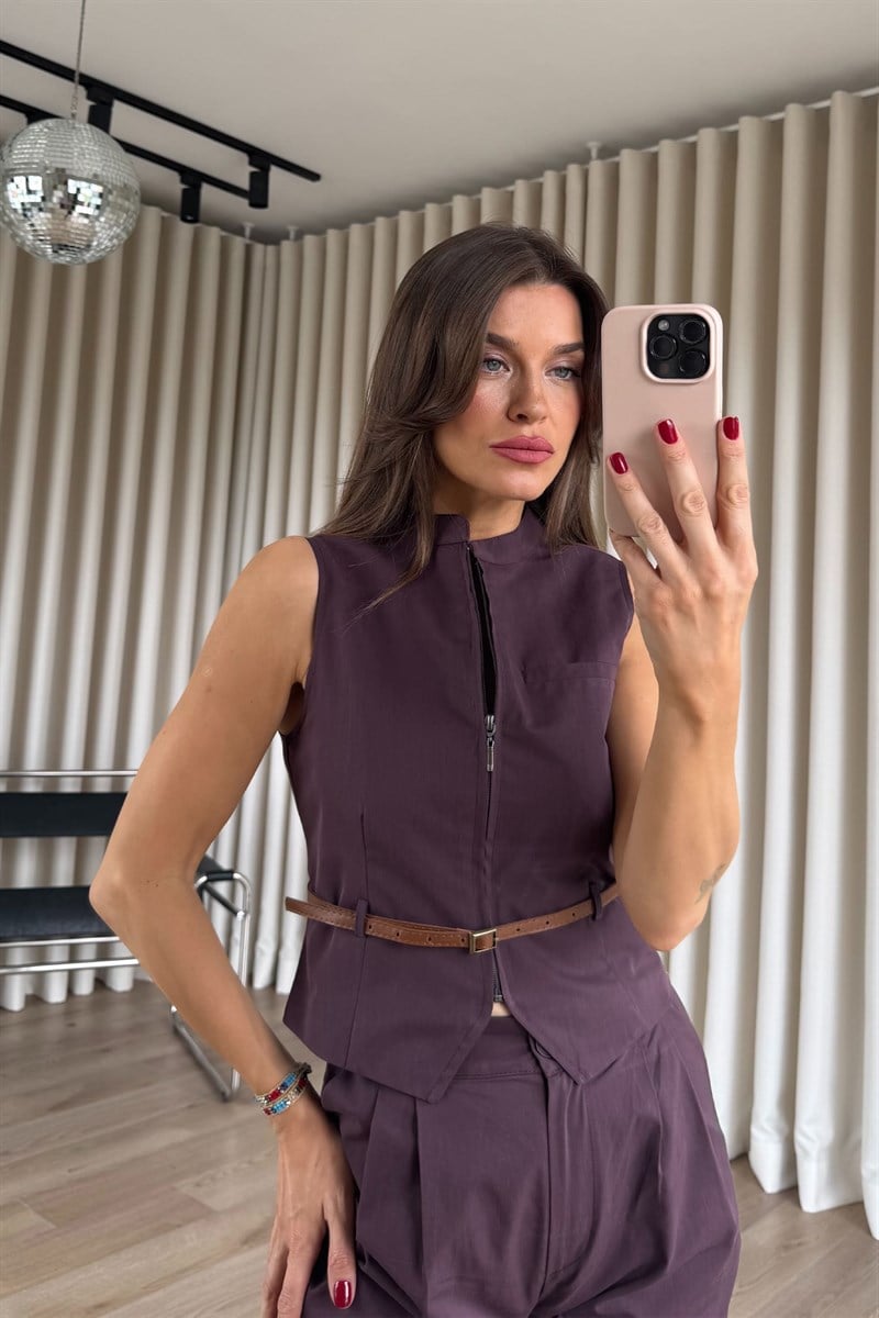 Mürdüm Fermuarlı Kemerli Yelek Pantolon Takım