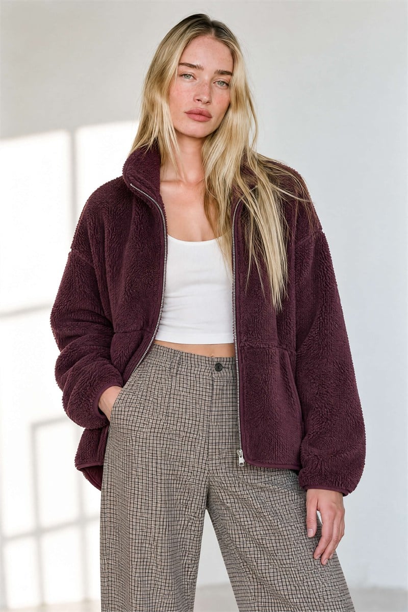 Mürdüm Fermuarlı Oversize Peluş Sweatshirt