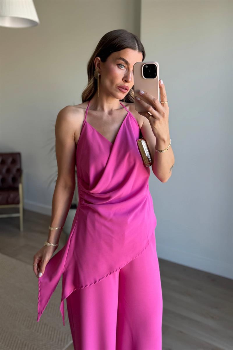 Pembe Boyundan Bağlamalı Asimetrik Bluz Pantolon Takım