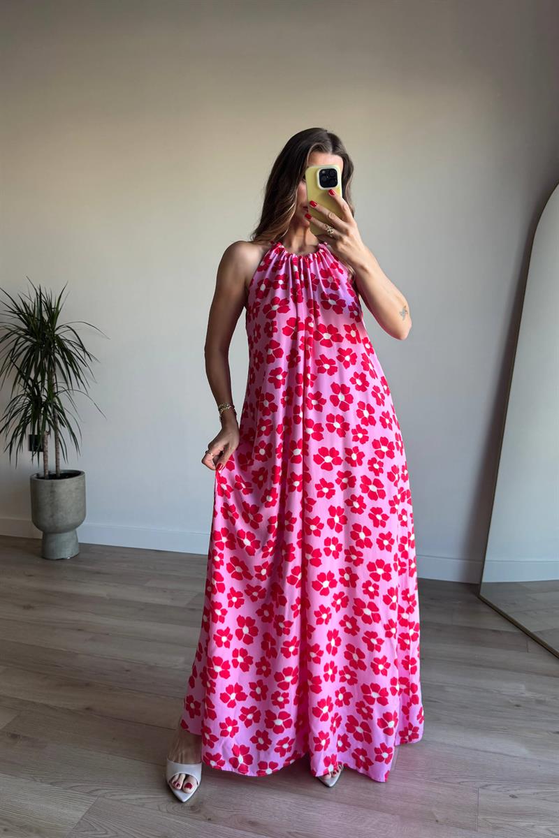 Pembe Kırmızı Çiçekli Boyundan Bağcıklı Oversize Elbise