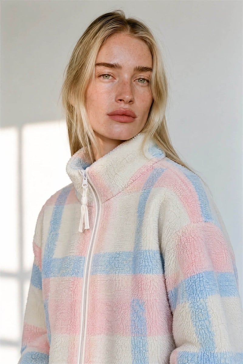 Pembe Mavi Fermuarlı Oversize Peluş Sweatshirt