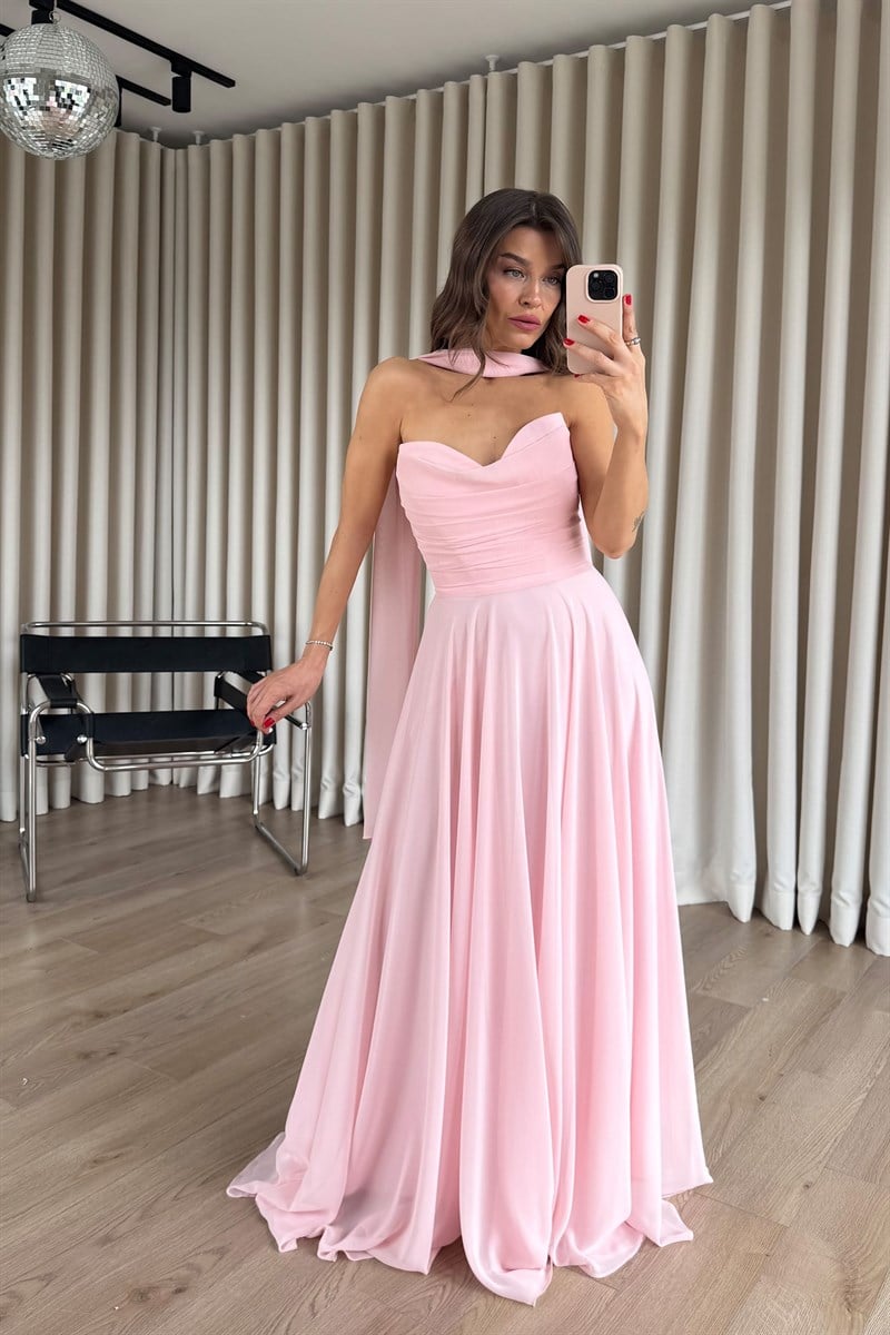 Pudra Drapeli Straplez Şallı Abiye Elbise