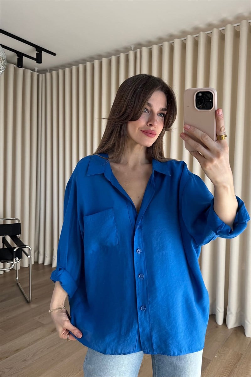 Saks Mavi Oversize Modal Kumaş Gömlek