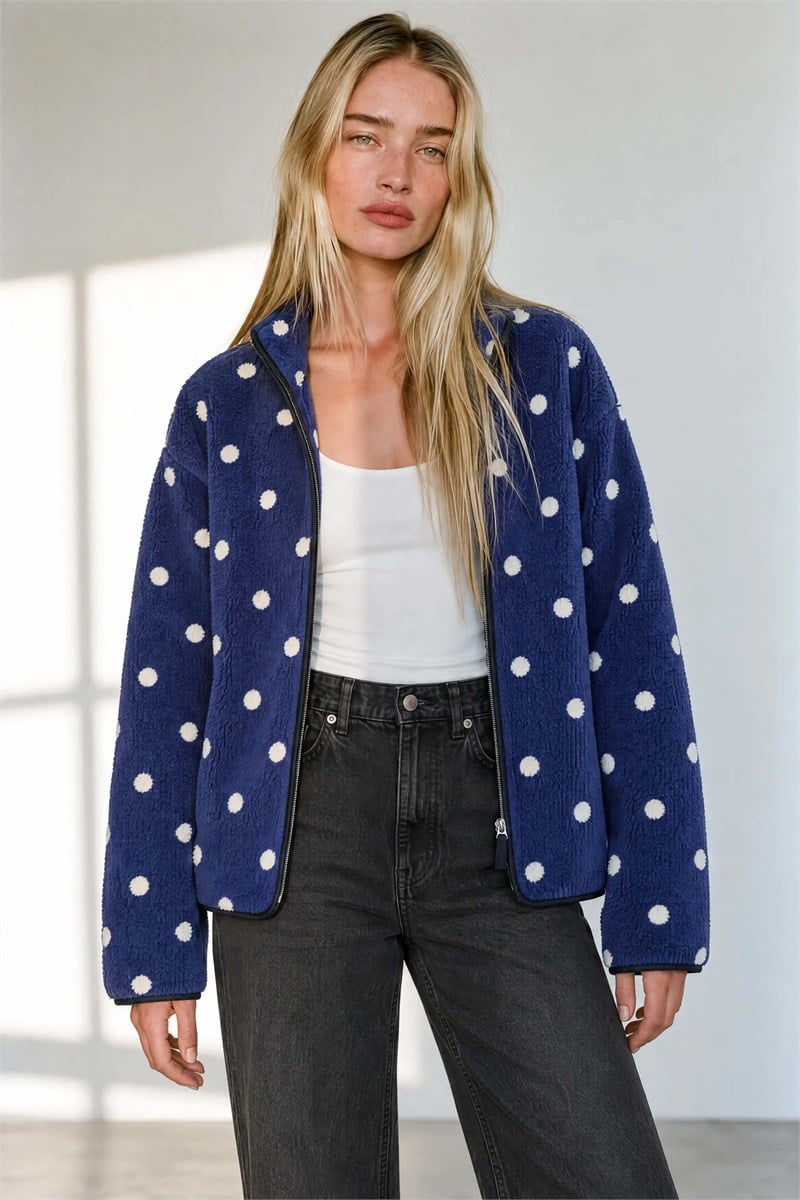 Saks Mavisi Beyaz Puantiyeli  Fermuarlı Oversize Peluş Sweatshirt