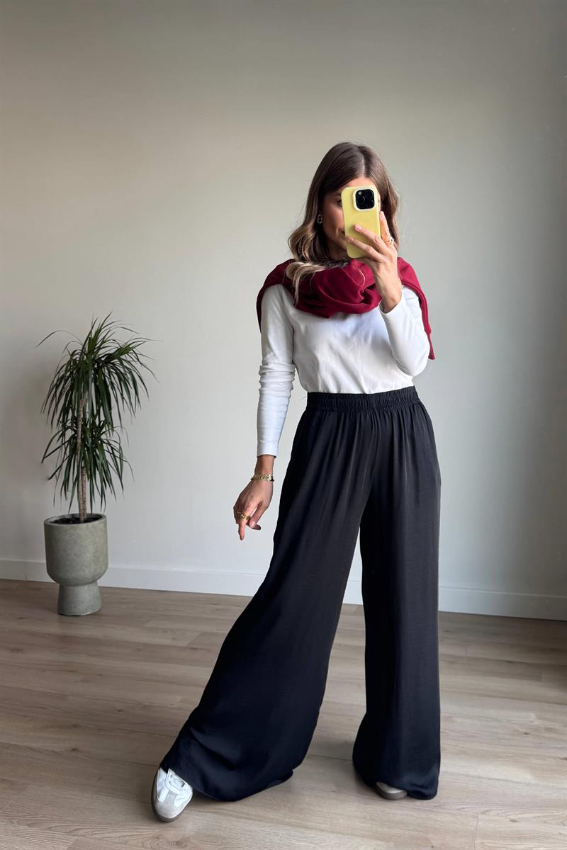 Siyah Beli Lastikli Bol Paça Dökümlü Saten Pantolon