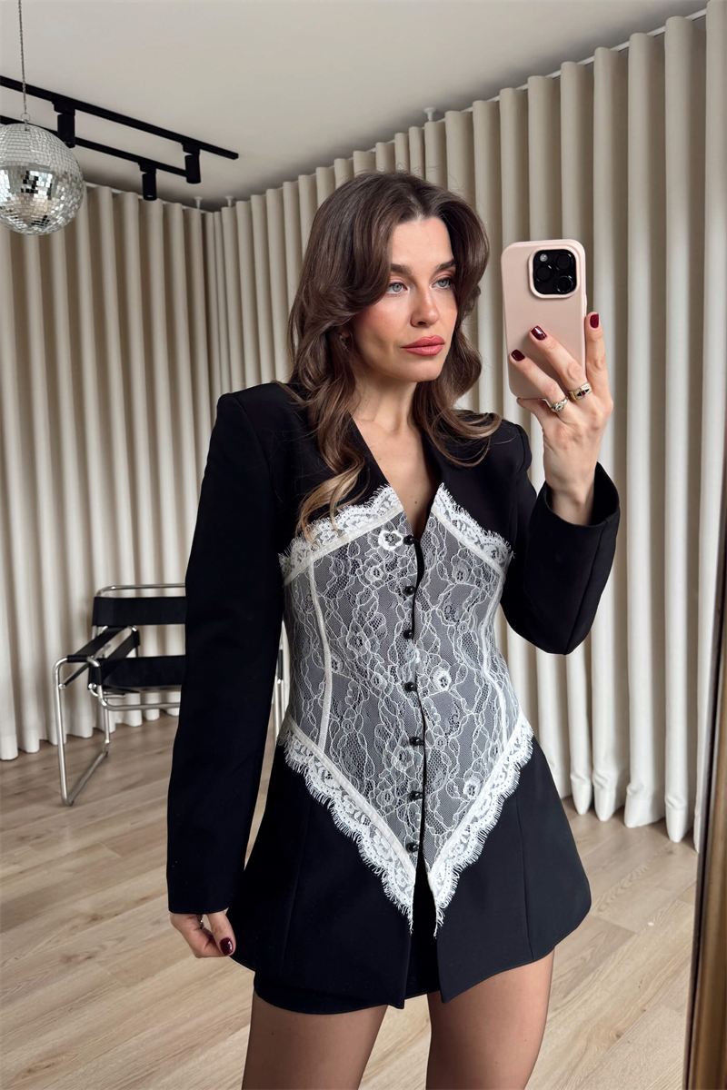Siyah Beyaz Dantel Korseli Tasarım Blazer Ceket