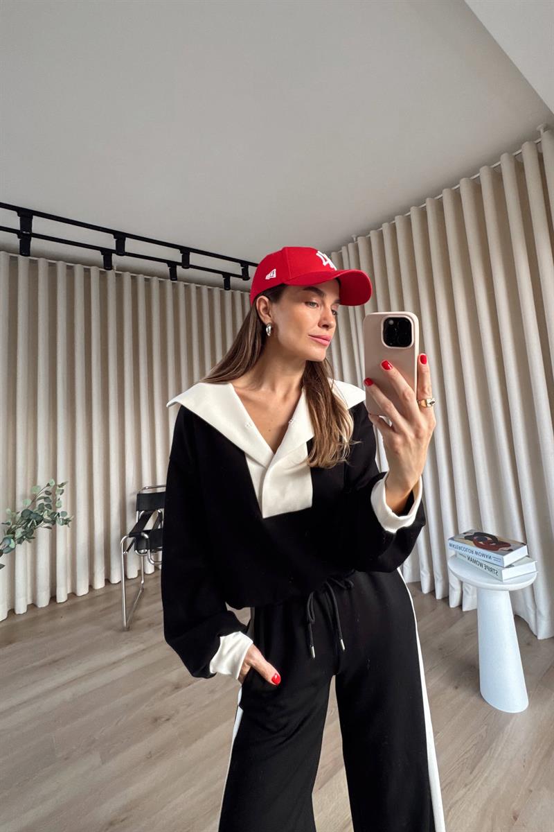 Siyah Beyaz Önü Çıtçıtlı Oversize Modal Eşofman Takımı