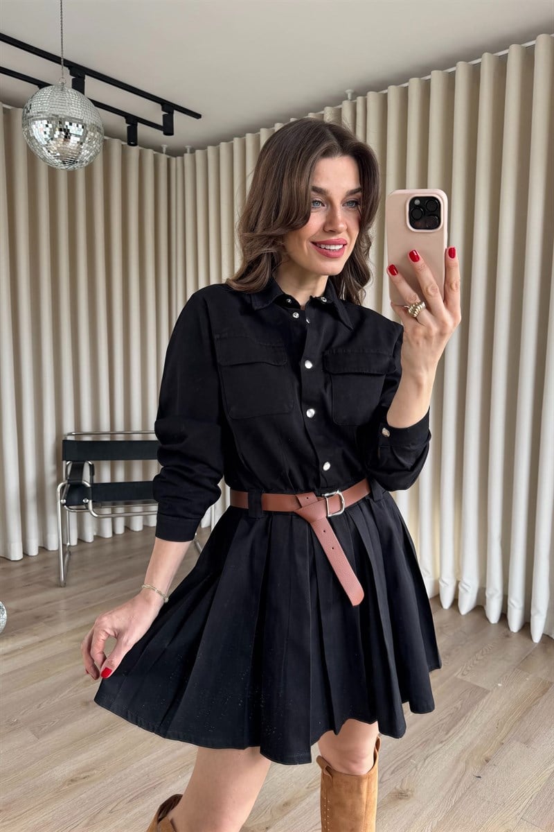 Siyah Çıtçıtlı Eteği Pileli Kemerli Gabardin Gömlek Elbise