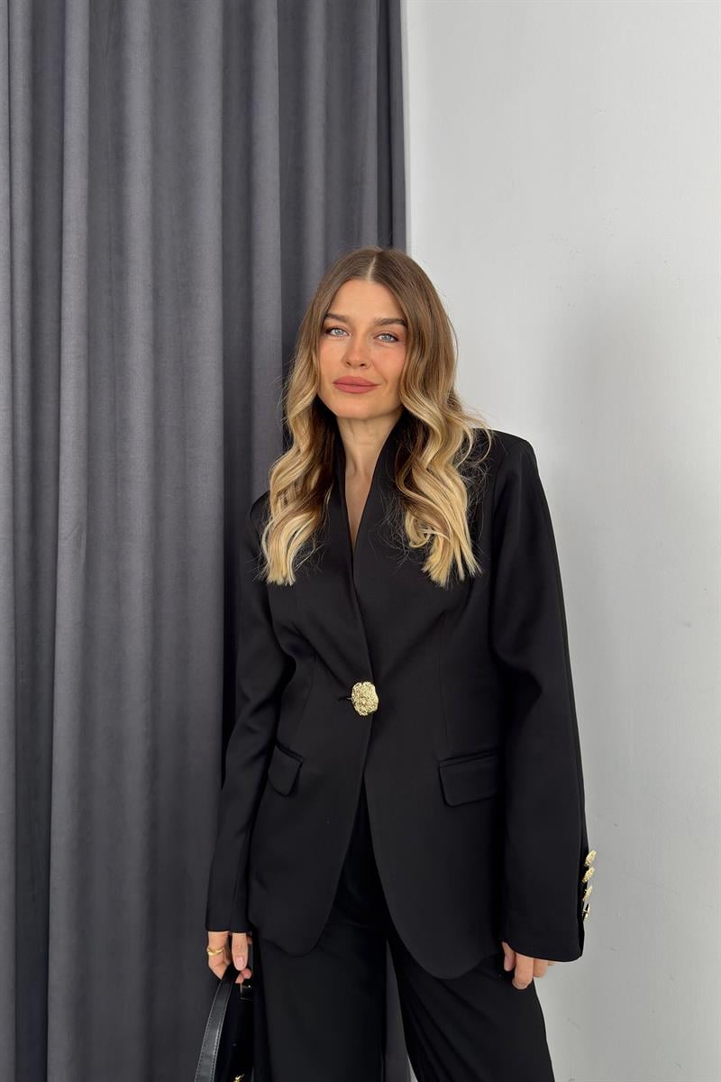 Siyah Gold Rose Düğme Detaylı Hakim Yaka Blazer Ceket