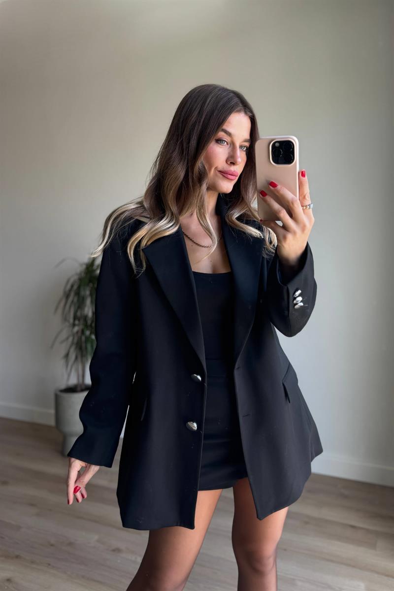 Siyah Gümüş Düğmeli Oversize Astarlı Blazer Ceket