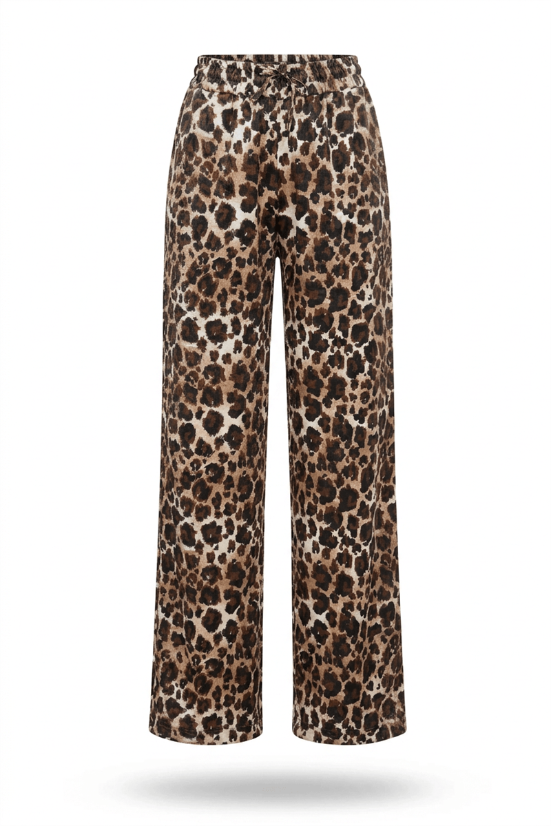 Siyah Kahve Leopar Desenli Beli Lastikli Pantolon