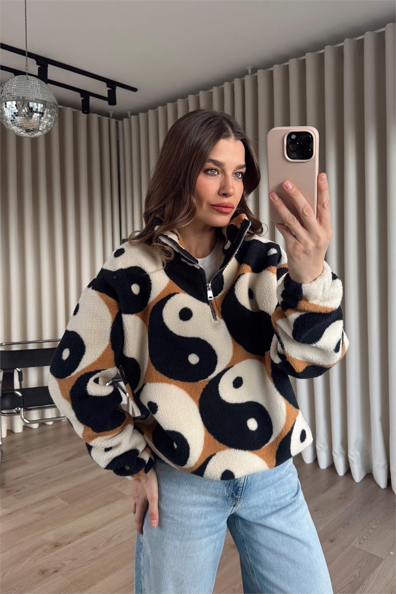 Taba Siyah Yarım Fermuarlı Oversize Beli Lastikli Peluş Sweatshirt