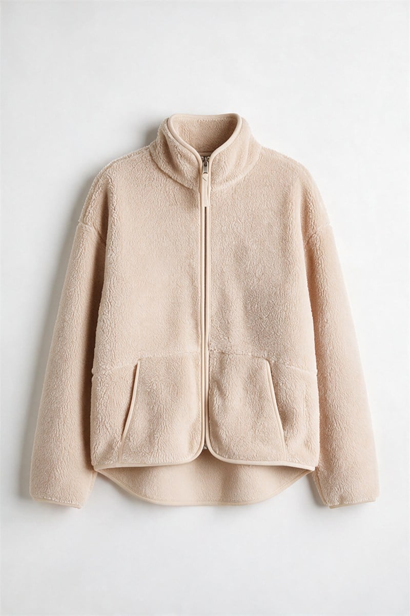 Taş Rengi Fermuarlı Oversize Peluş Sweatshirt