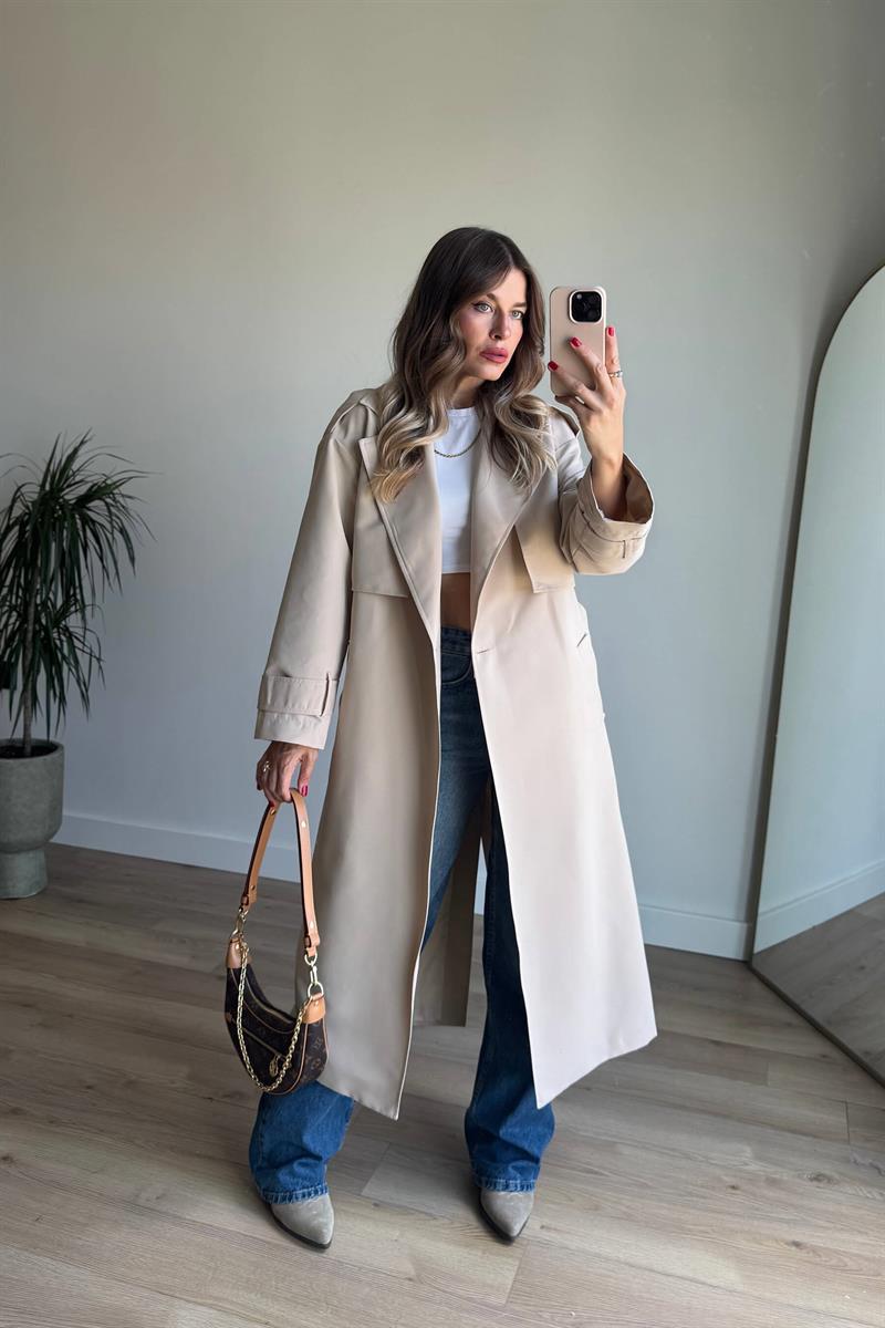 Taş Rengi Kuşaklı Astarlı Yırtmaçlı Oversize Trençkot
