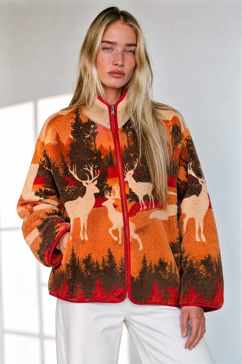 Turuncu Geyik Desenli Fermuarlı Oversize Peluş Sweatshirt