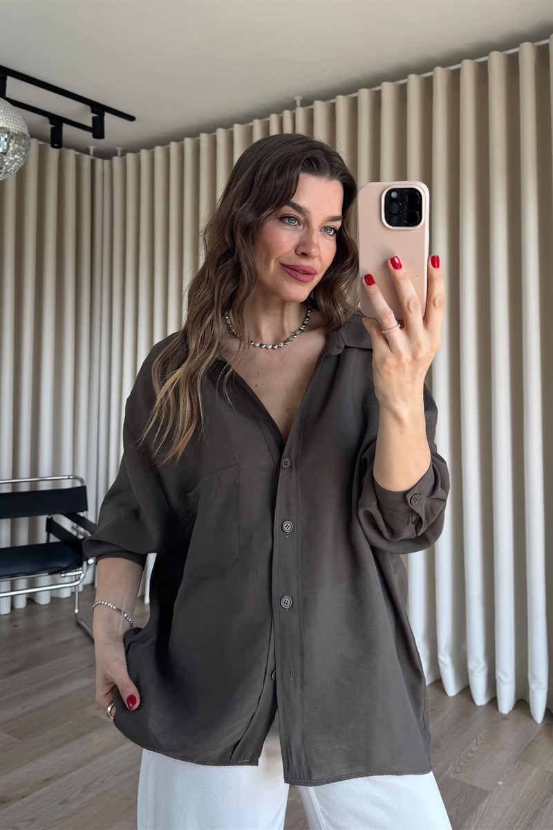 Vintage Haki Oversize Modal Kumaş Gömlek