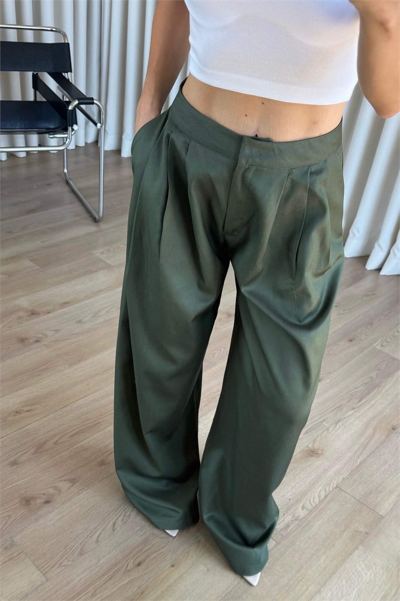 Zümrüt Yeşili Yüksek Bel Pileli Tencel Pantolon
