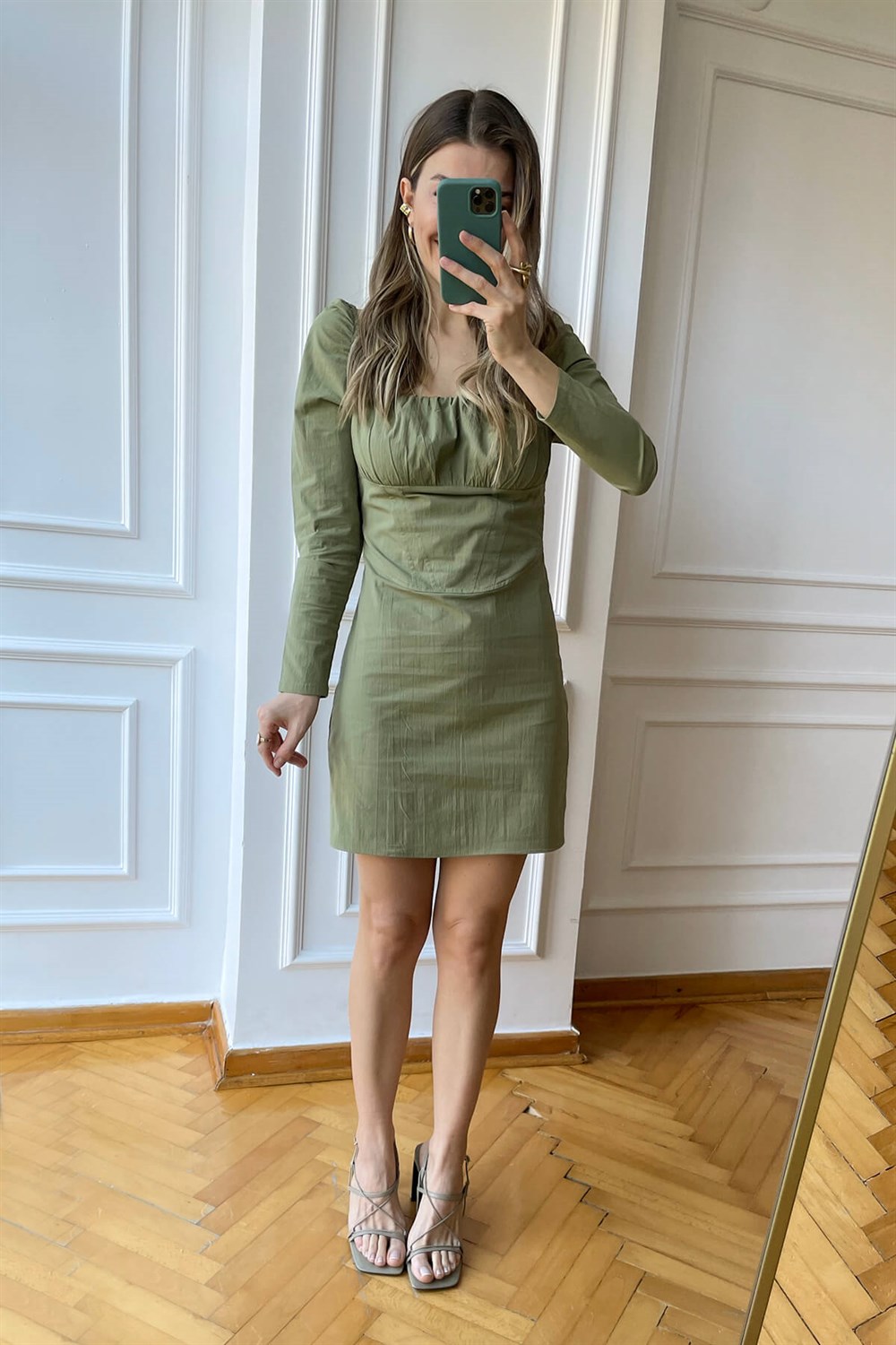 Haki Drapeli Uzunkollu Mini Elbise