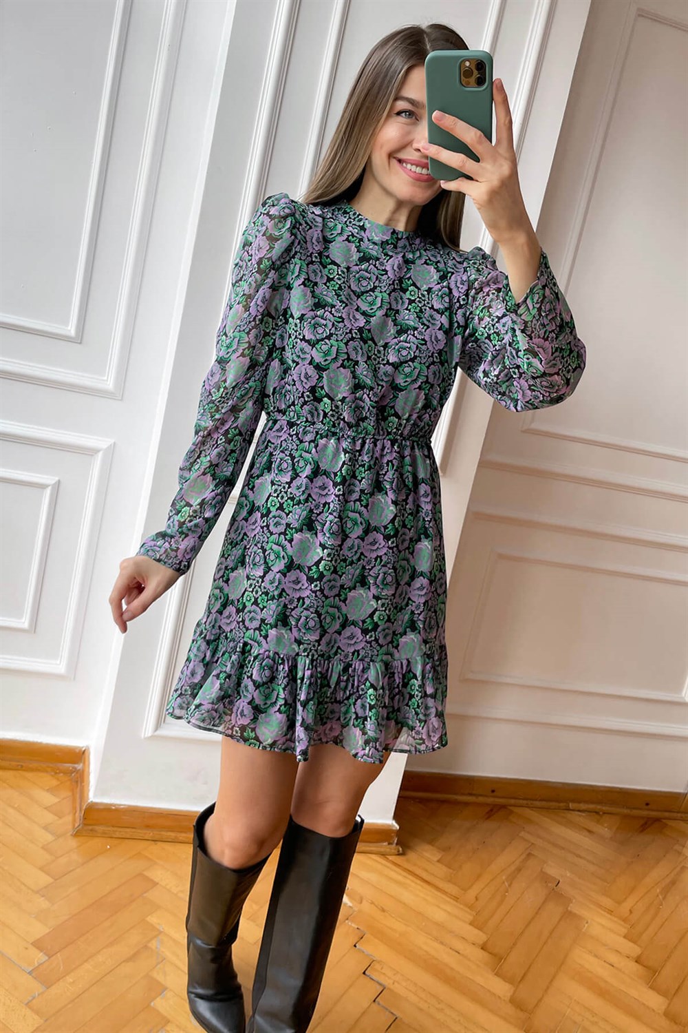 Lila Yeşil Çiçekli Şifon Elbise