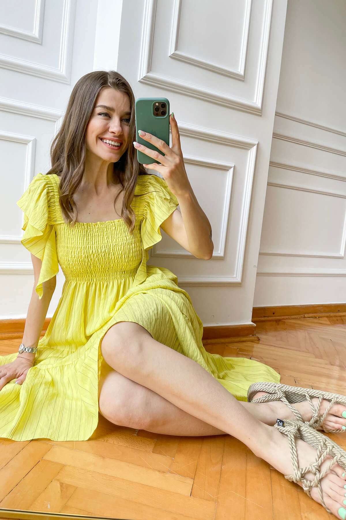 Neon Sarı Gipeli Elbise