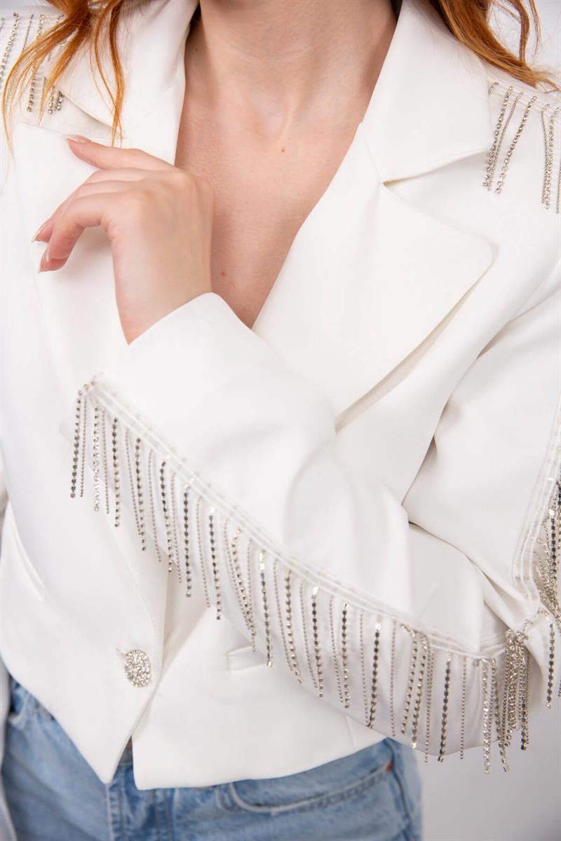 Beyaz Taş Detaylı Astarlı Crop Blazer Ceket