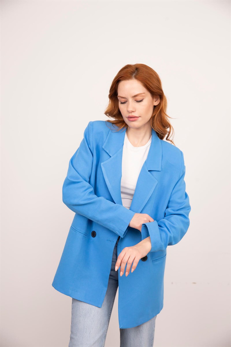 Mavi Vatkalı Düğmeli Keten Blazer Ceket