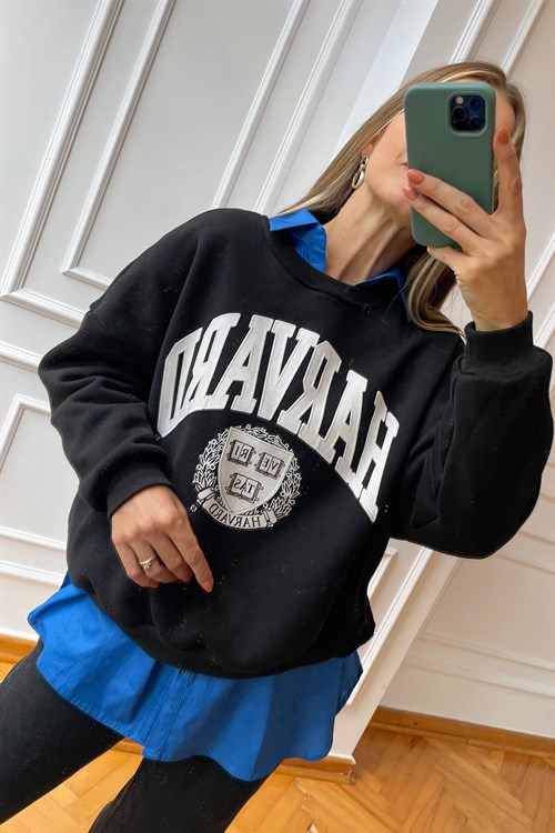 Siyah Şardonlu Harvard Baskılı Sweatshirt