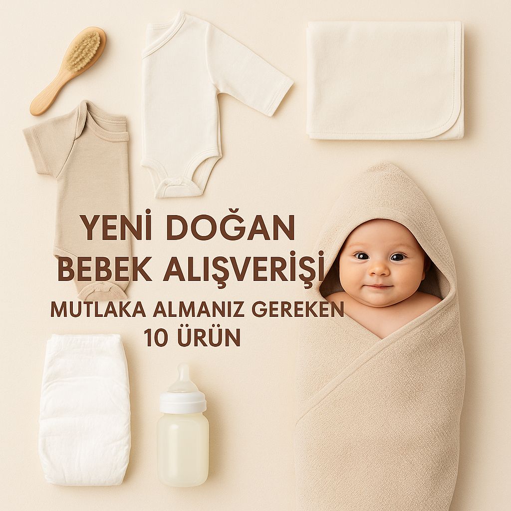Yeni doğan bebek alışverişinde temel ihtiyaç ürünleri: kundak havlu, saç fırçası, zıbın ve bebek bakım ürünleriyle hazırlık