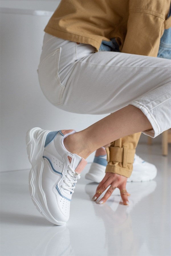 Valera Pudra Beyaz Mavi Bağcıklı Kadın Spor Ayakkabı