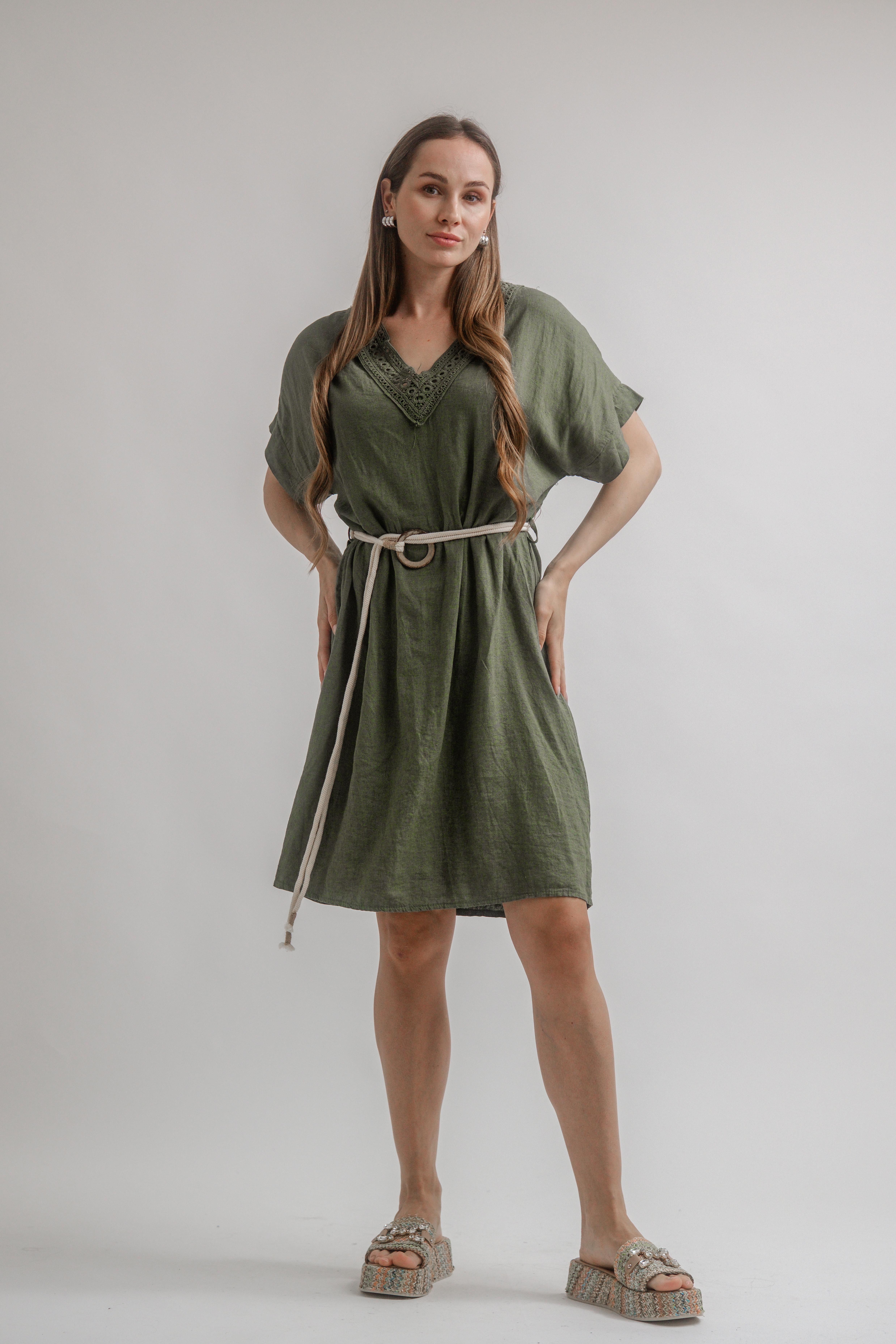 KETEN VİSKOZ BELİ HALATLI ELBİSE