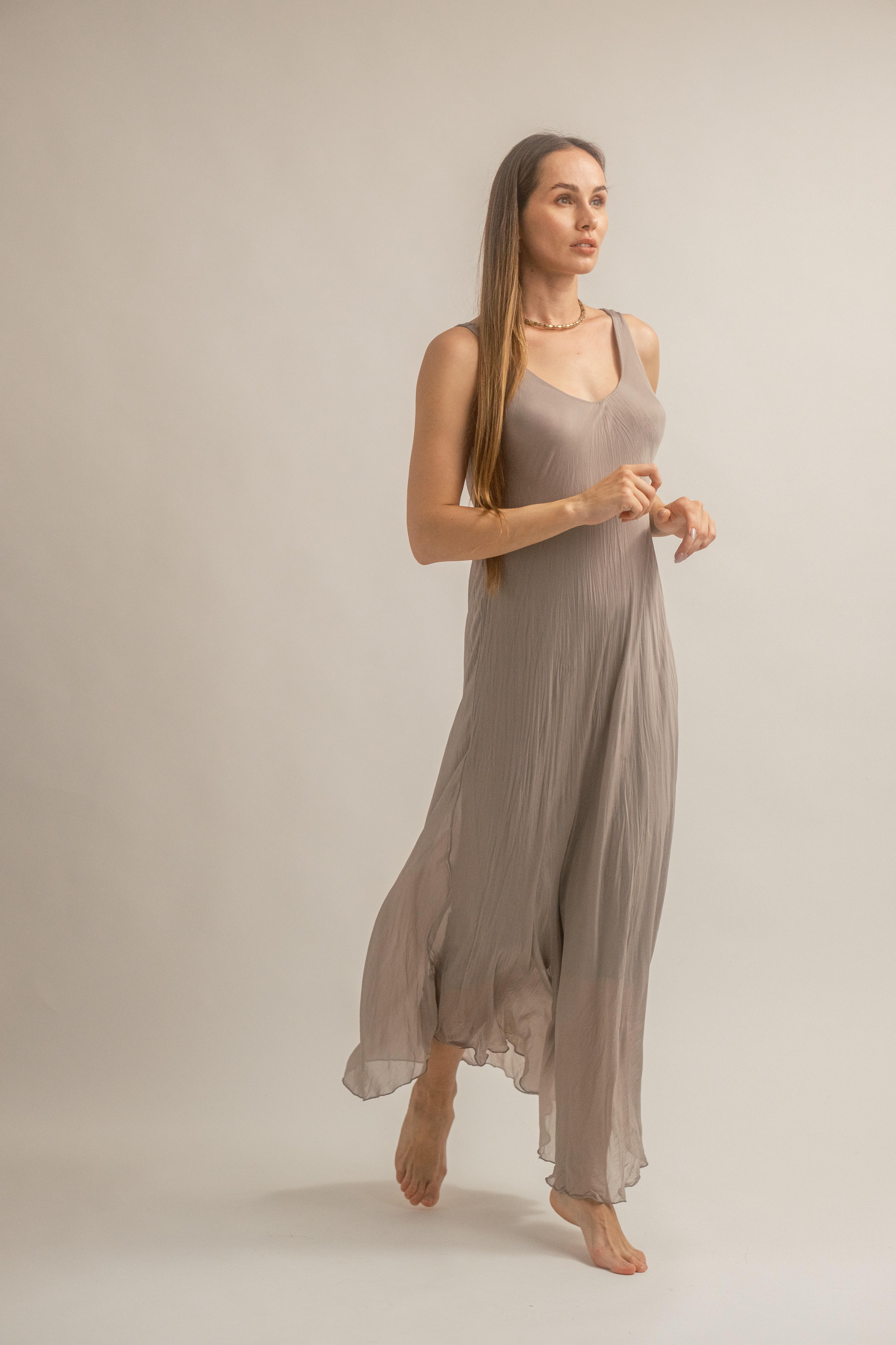 KALIN ASKILI UZUN İPEK ELBİSE