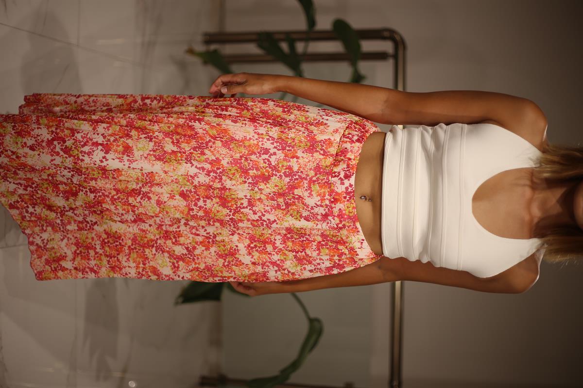 PİLİSELİ ÇİÇEK DESENLİ MİDİ ETEK