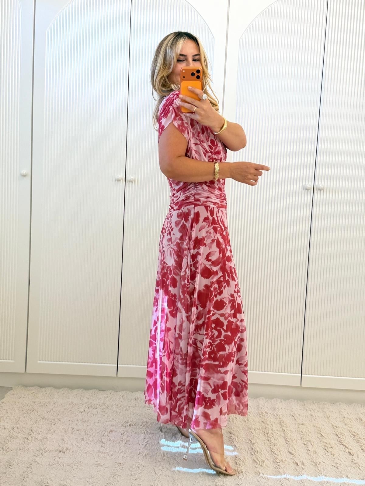 9430 Pembe Premium Drapeli Tül Elbise
