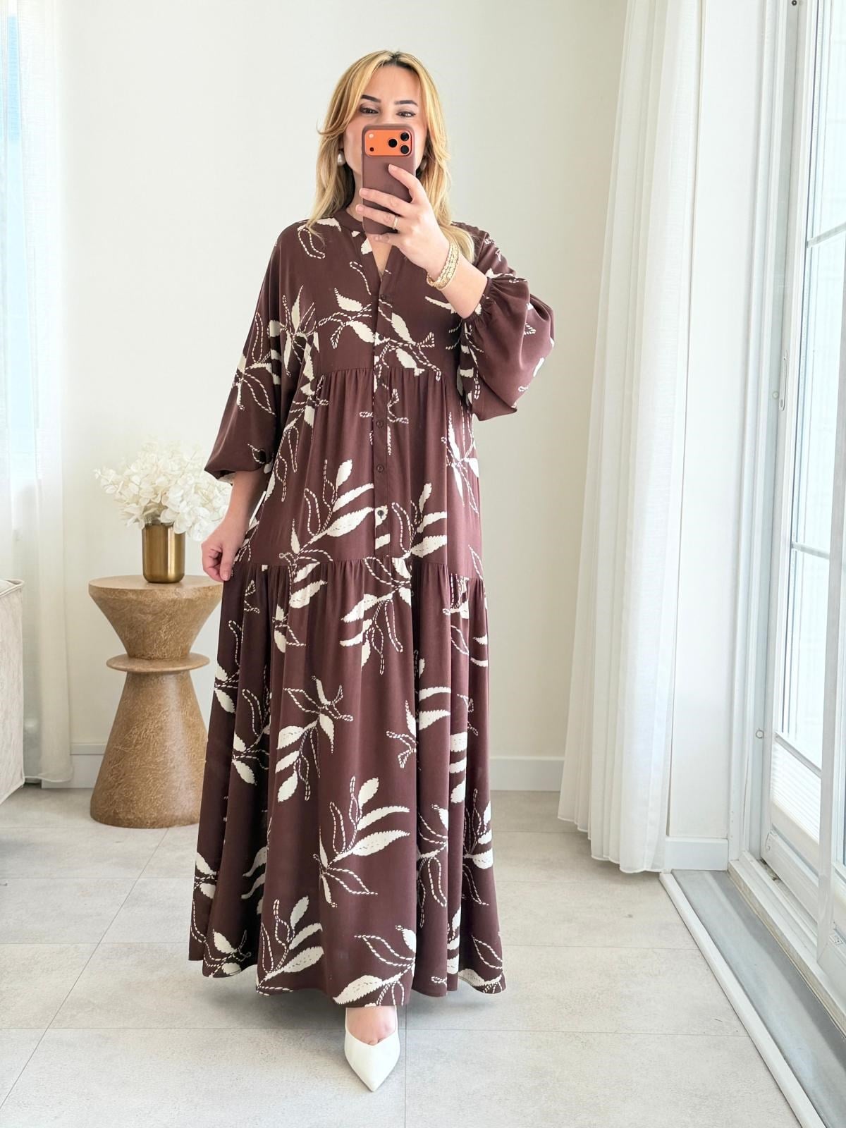 9097 Kahve Yaprak Desen Maxi Elbise