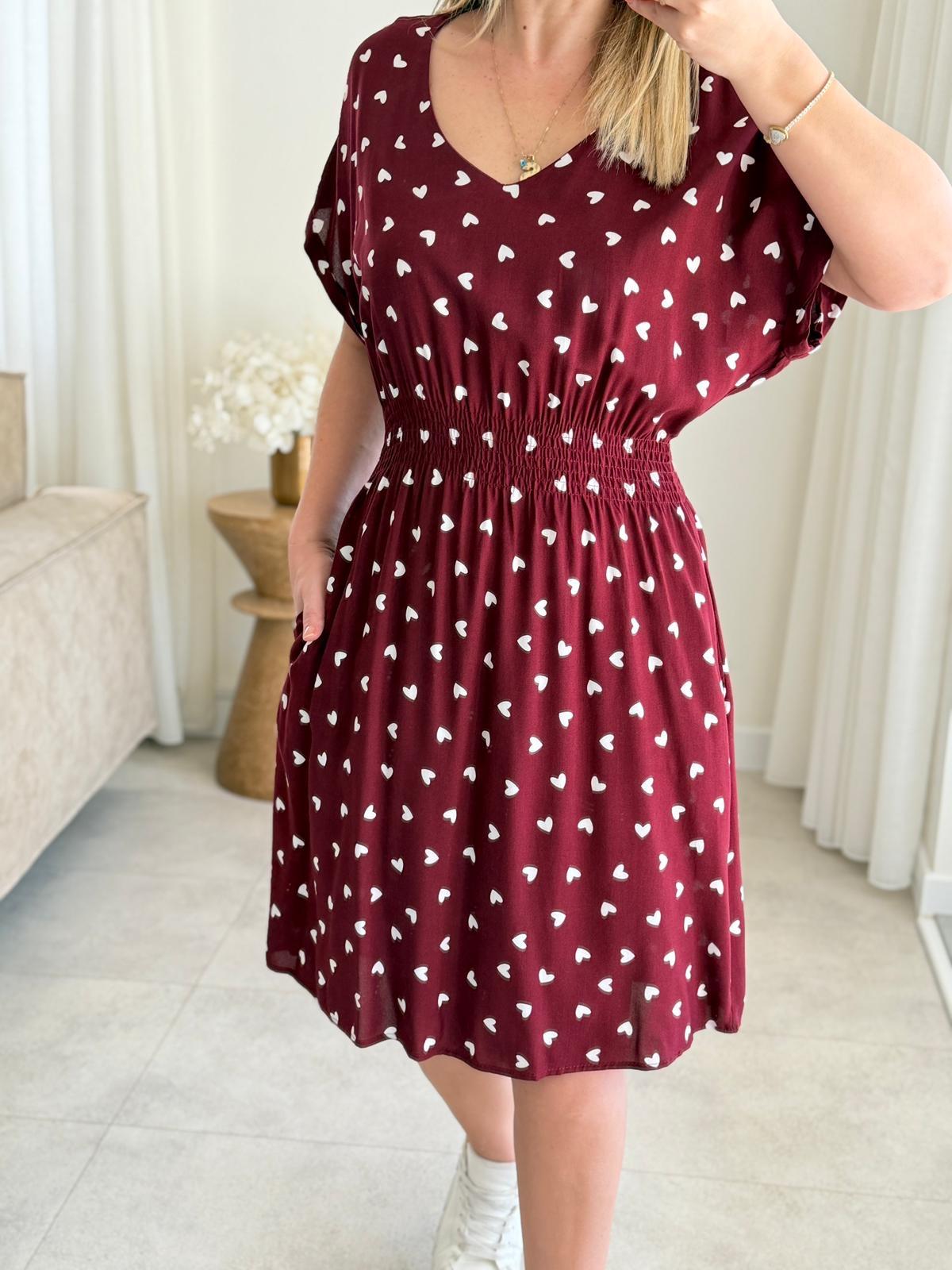 9036 Bordo Yarasa Kol Kalp Desen Elbise