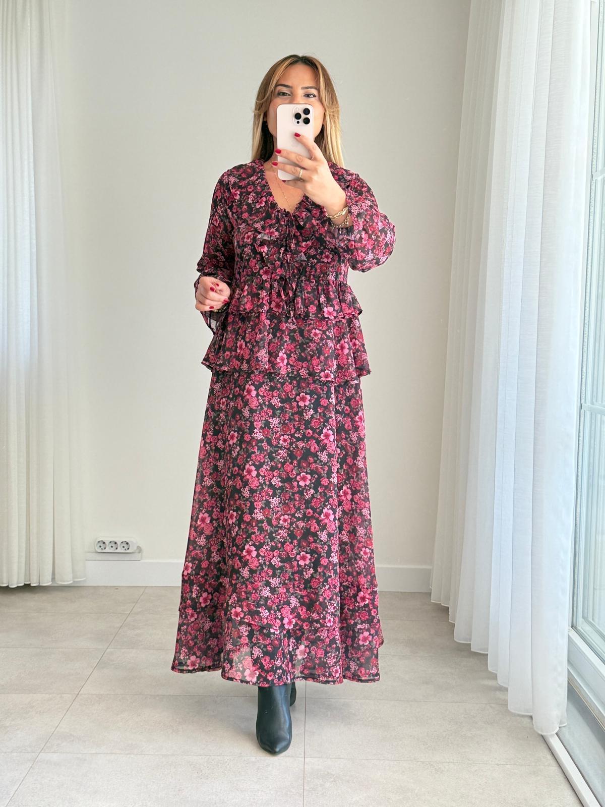 8514 Mor Fırfır Detaylı Şifon Elbise