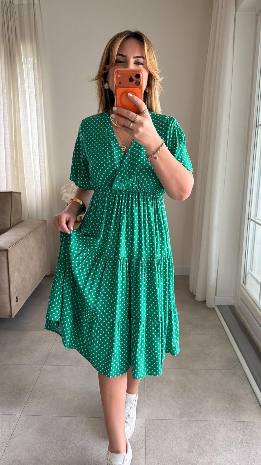 8986 Yeşil Puantiye Kruvaze Yaka Elbise
