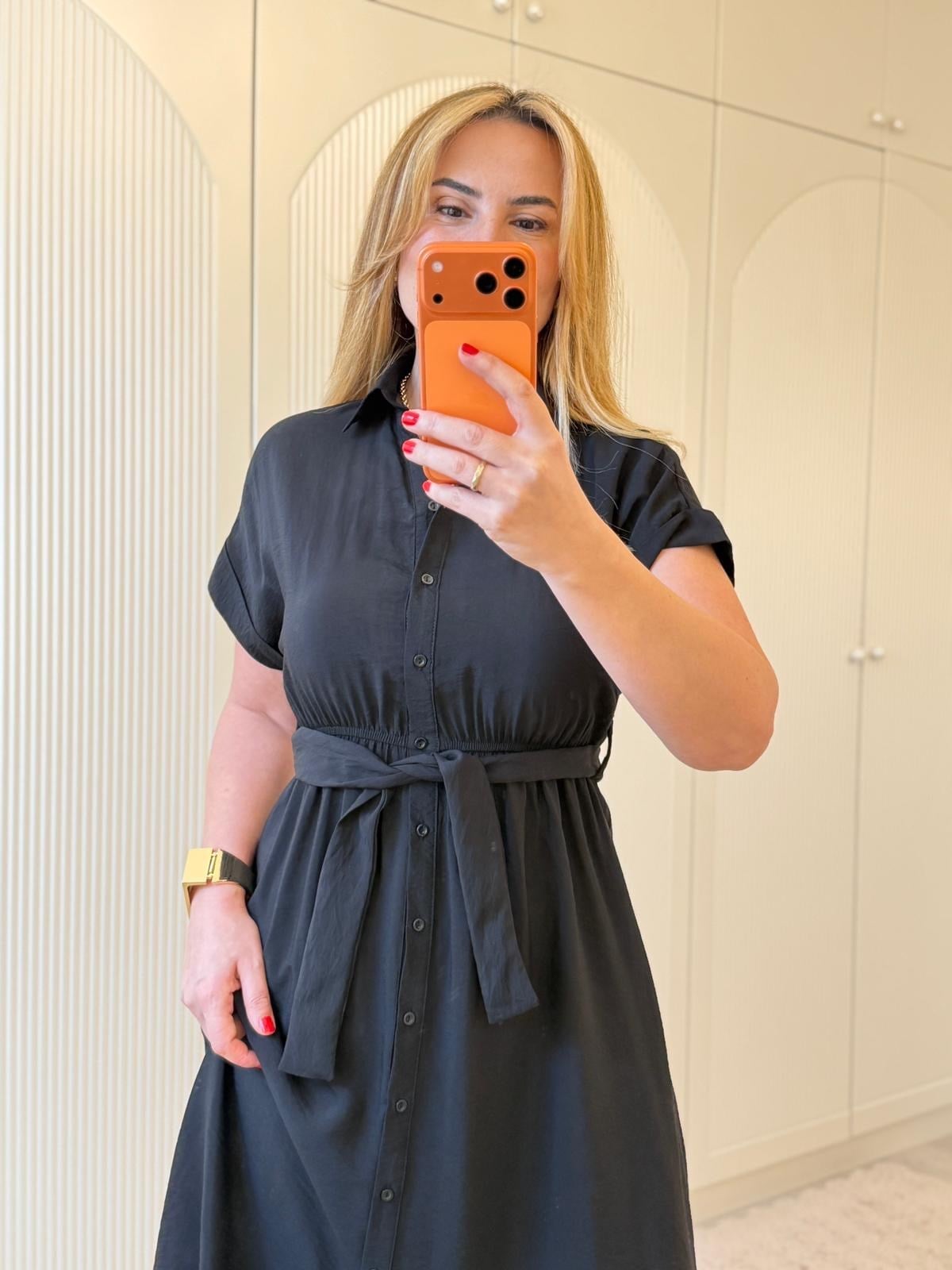 9184 Siyah Bel Lastikli Gömlek Elbise