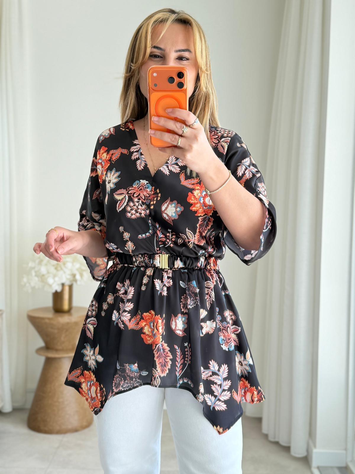 9034 Siyah V Yaka Asimetrik Bluz